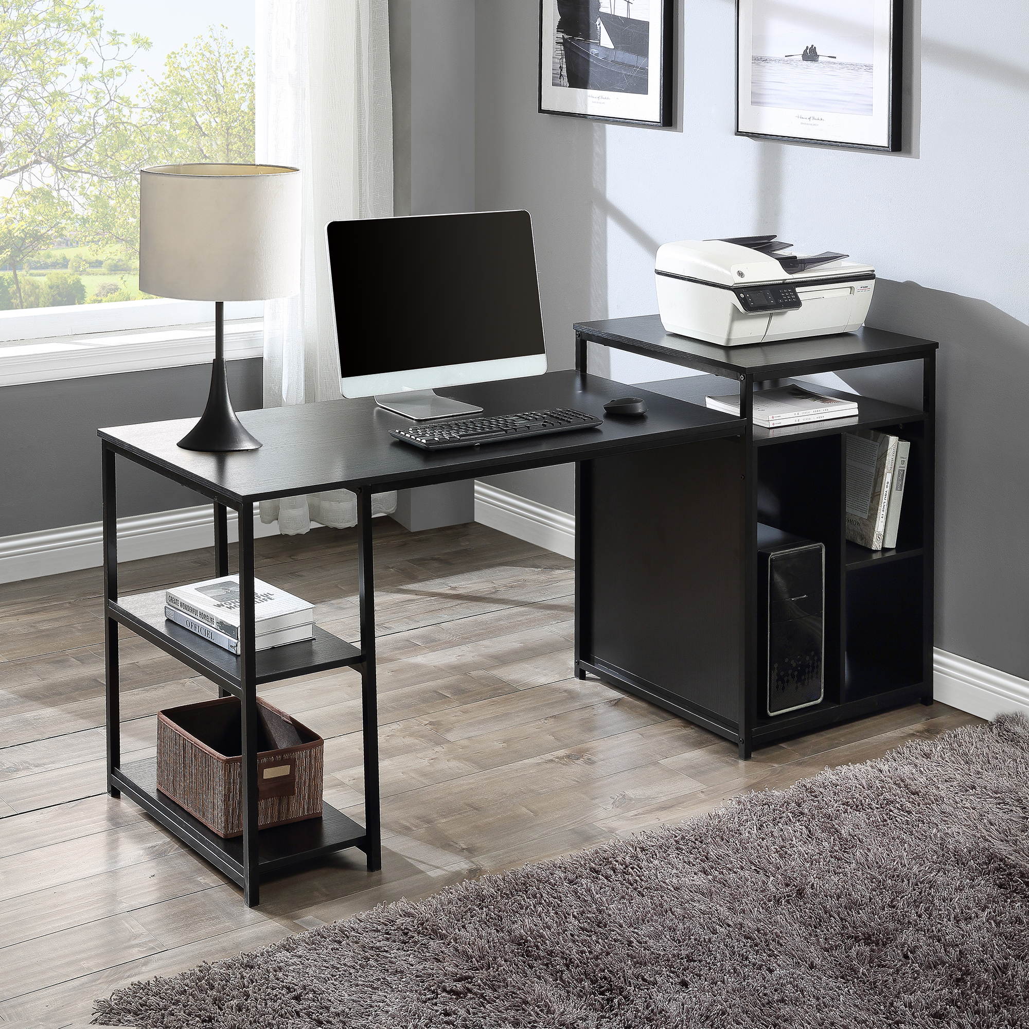Home Office Computer Desk Writing PC Table Gaming Desk with Storage Shelf CPU storage space and Printer Stand Space Saving Design