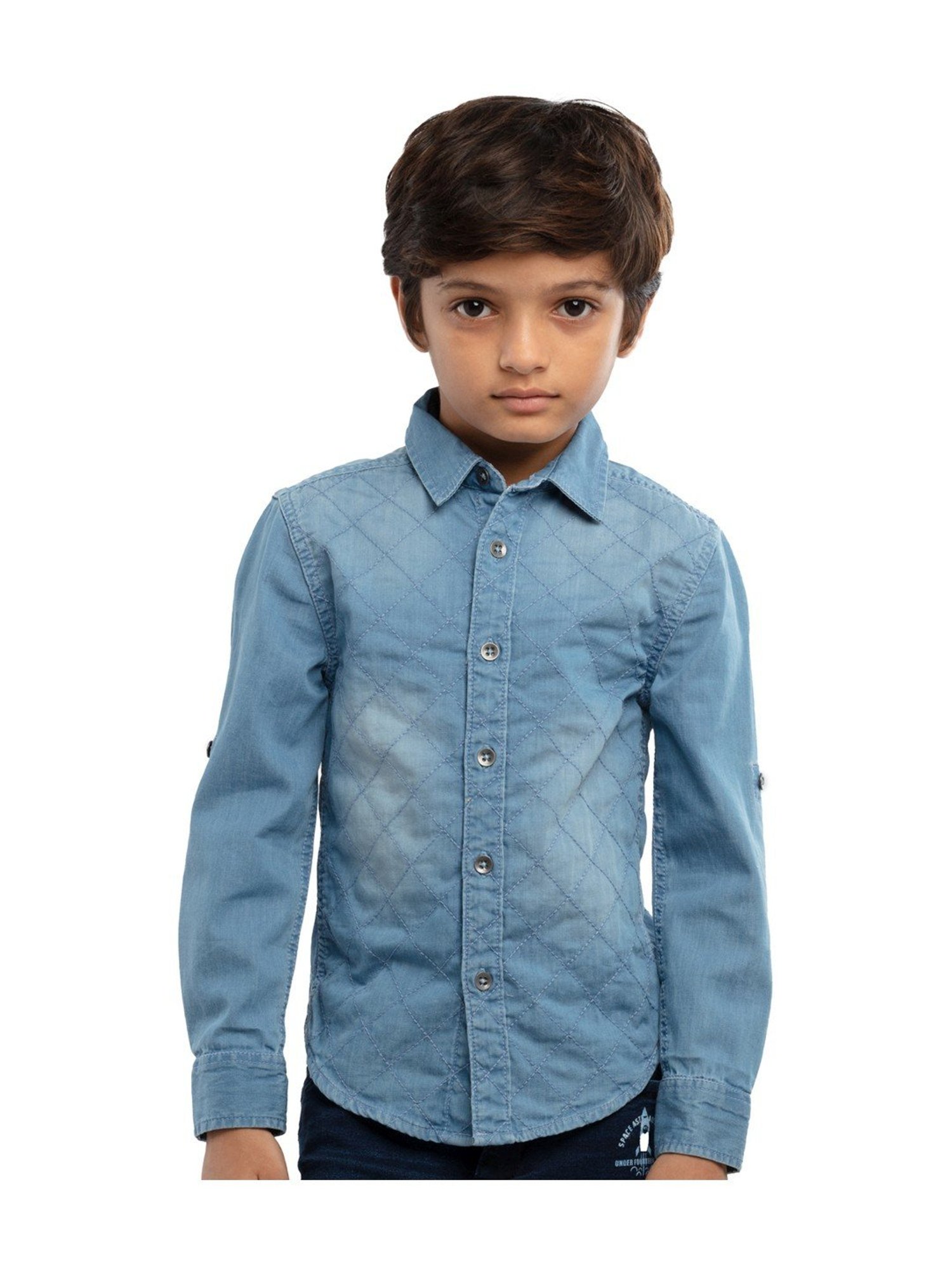 Under Fourteen Only Kids Blue Cotton Embroidered Full Sleeves Shirt