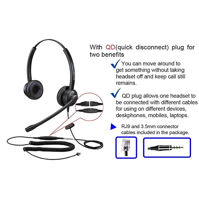 Headset with Noise Canceling Microphone, Including RJ9 & 3.5mm Connectors for Landline Deskphone and Smartphone PC Laptops, Call Center Office Headset for Yealink Grandstream Snom