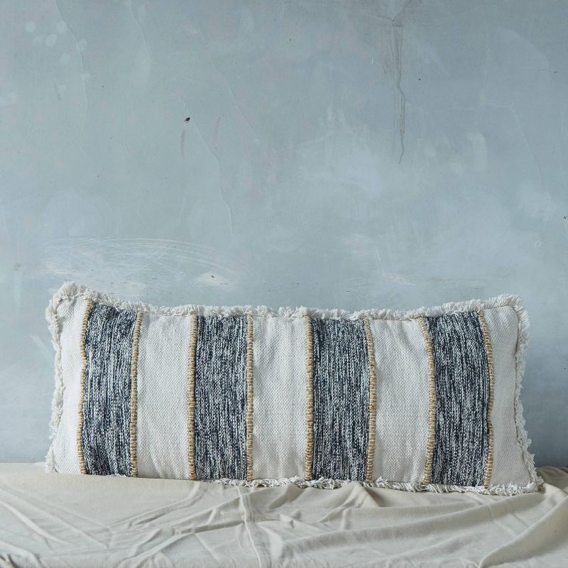 14"x34" Elegance Striped Throw Pillow with Frayed Edge Natural/Navy - Patina Vie