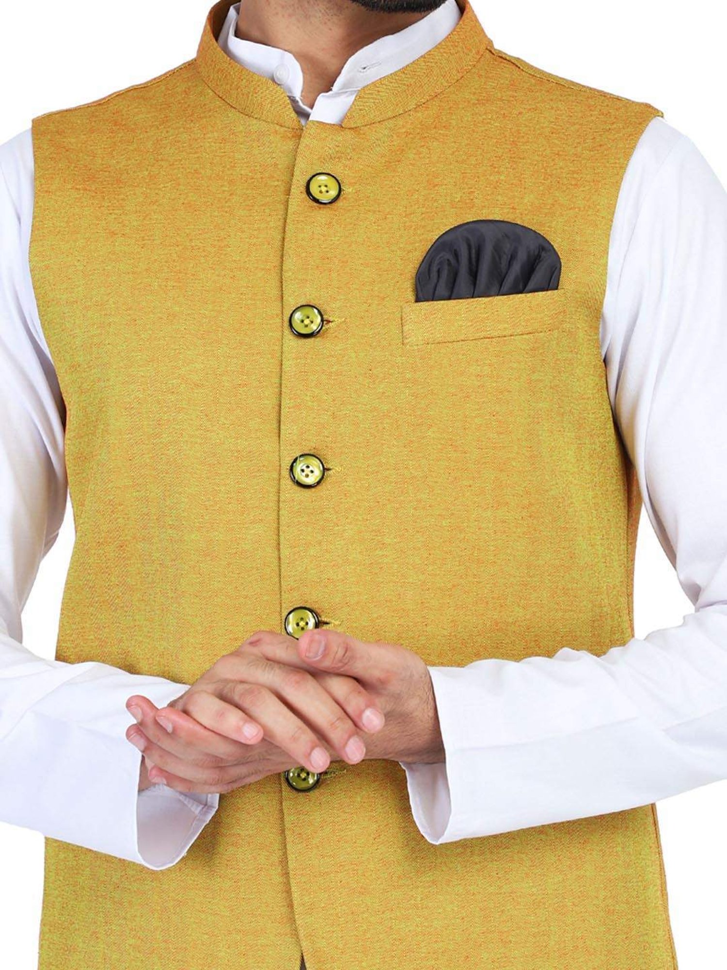 TAHVO Yellow Cotton Slim Fit Nehru Jacket