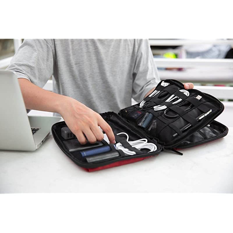 2-Layer Travel Electronic Cable Organizer Cases for Cables, Chargers, USB Drive, Red
