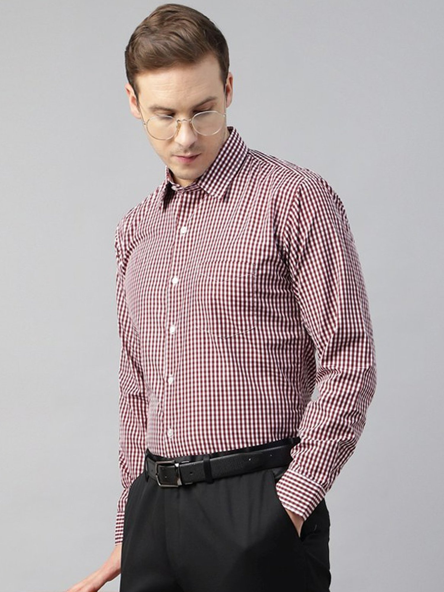 English Navy Maroon Slim Fit Checks Shirt