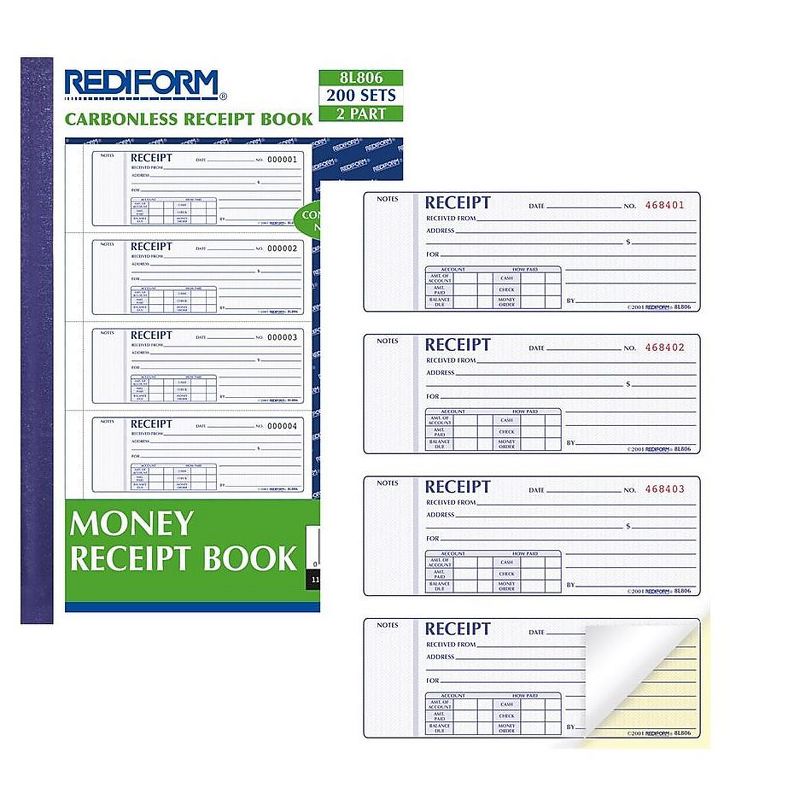Rediform Money Receipt Book 2 3/4 x 7 Carbonless Duplicate 200 Sets/Book 8L806