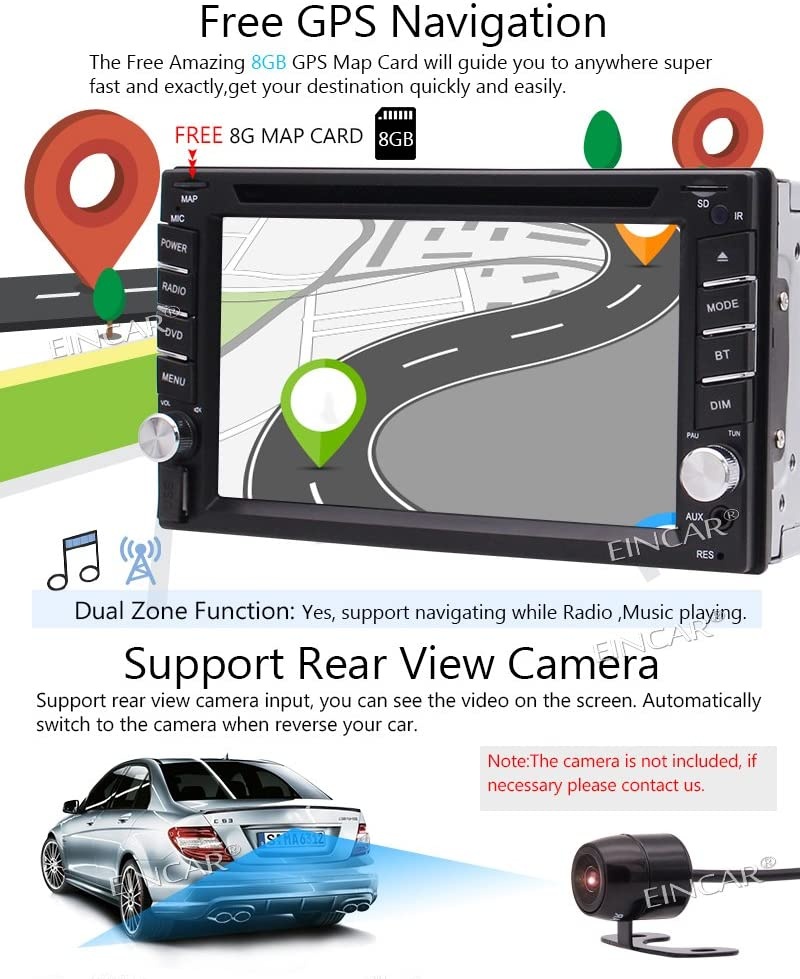 2 Din Car Stereo Car Deck Audio Radio Headunit 6.2" LCD TFT in Dash DVD Player with DVD/CD/MP3/MP4/USB/SD/BT GPS Navigation with Free 8GB GPS Map Card Support SWC &Wireless Rearview Camera