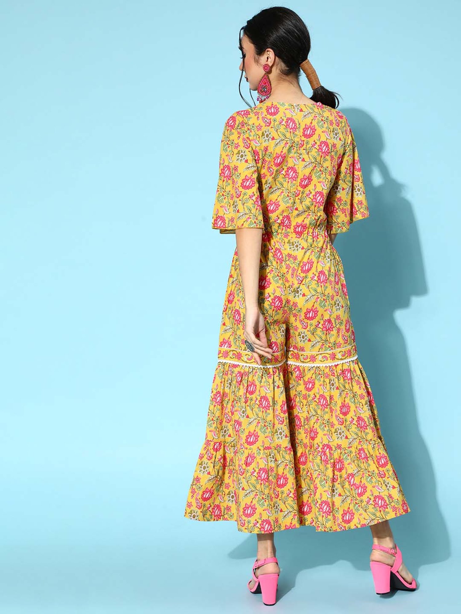 Yufta Yellow Cotton Floral Print Jumpsuit