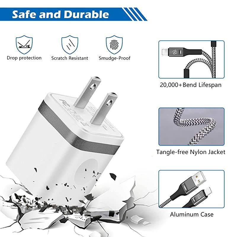 iPhone Charger Cable 10 FT with Wall Plug Braided Long iPhone Charging Cord + Dual USB Wall Charger Block Adapter Compatible with iPhone 121111 Pro MaxXSXRX876 Plus iPad 4Pack