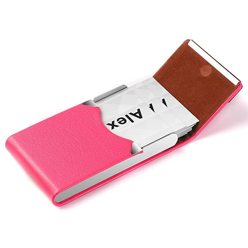 Leather Business Card Holder for Women Leather Stainless Steel Business Card Case with Magnetic Shut Rose Red
