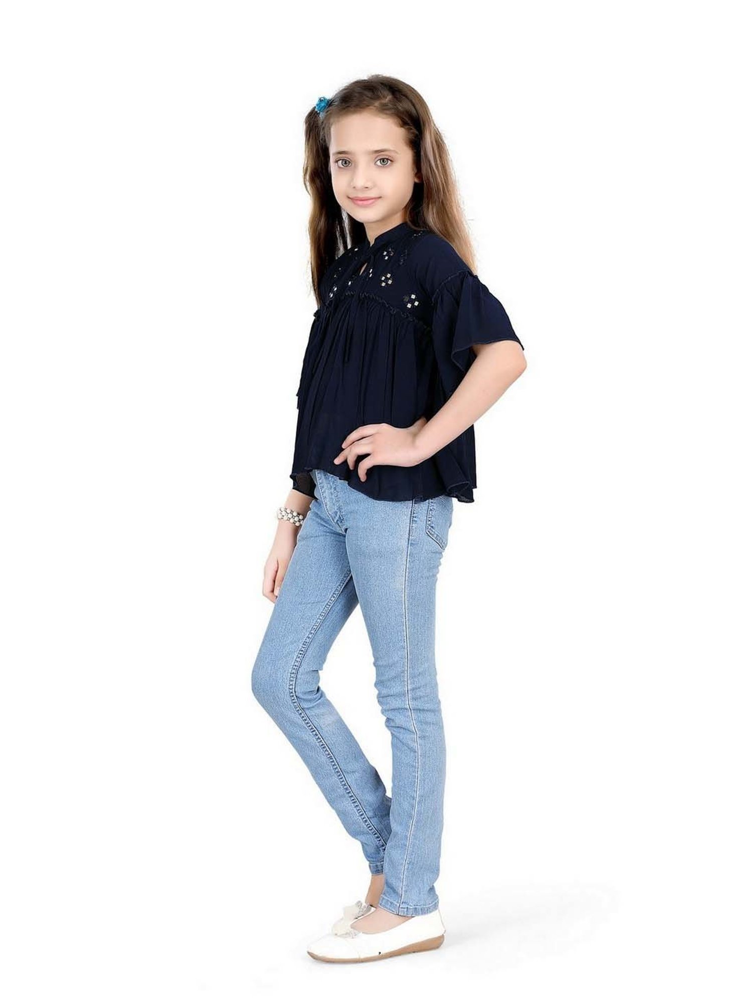 poplins Kids Navy Cotton Embellished Top