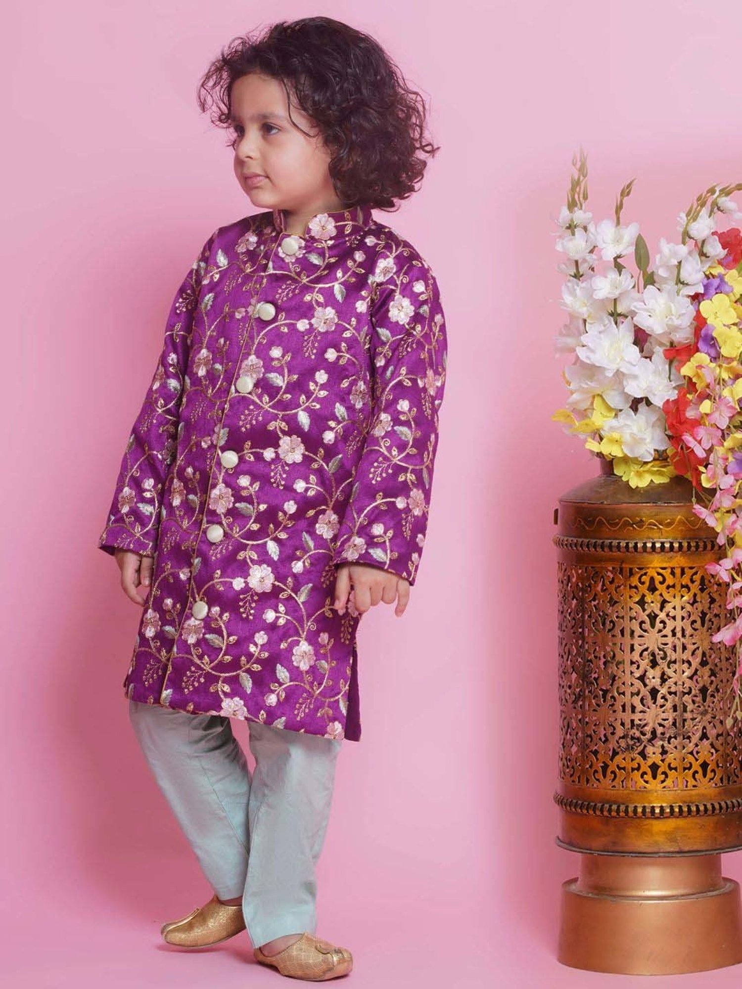 Little Bansi Boys Purple & Grey Embroidery Full Sleeves Kurta Set