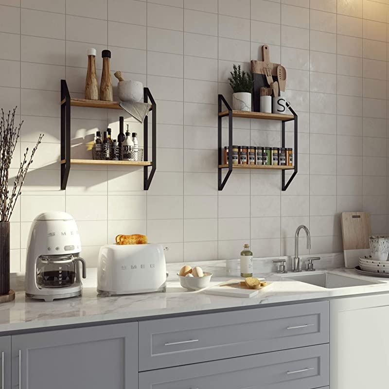 Ponza Floating Shelves for Wall Home Organization and Storage Shelf for Farmhouse Kitchen Decor Natural Burned Rustic Wood Shelf with Metal Brackets Set of 2