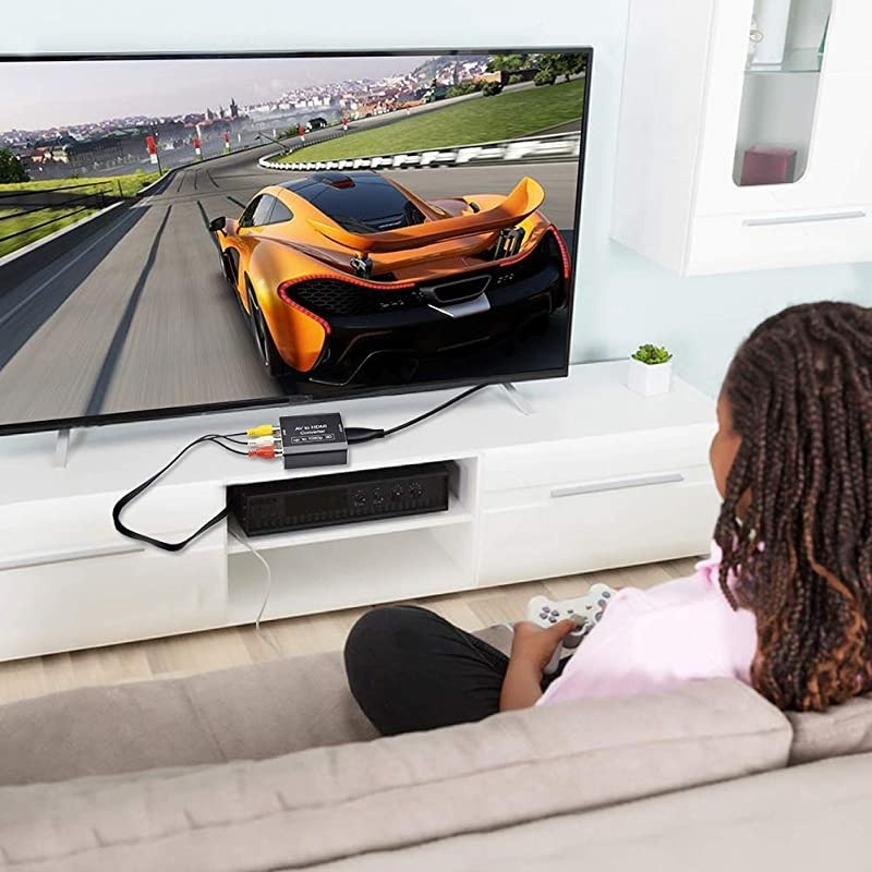 RCA AV Composite to HDMI Video Audio Converter Adapter Mini RCA to HDMI Box Support 1080P for TV/PC/PS2/Blue-Ray DVD,Black