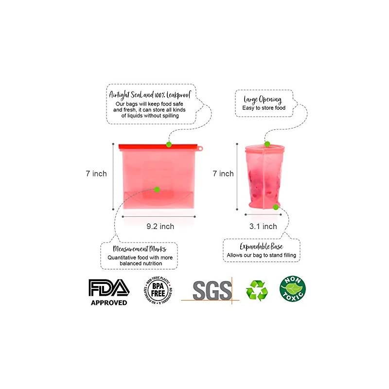 Silicone Food Ziplock Storage Bags, Silicone Sandwich Bag for Freezer, Sous Vide Bags Set of 4, Leak Proof Airtight Seal Keep Fresh for Hot Cooking, Liquids, Lunch, Snack, Baby Food (9.2&times;7in)
