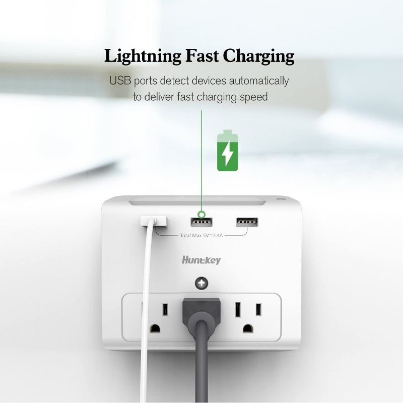 Huntkey 3 x SMD307 High Efficiency Wall Mount Outlet with Three 2.1 Amp USB Ports and Standard American Outlets, Cradle Ledge, White (2 Pack)