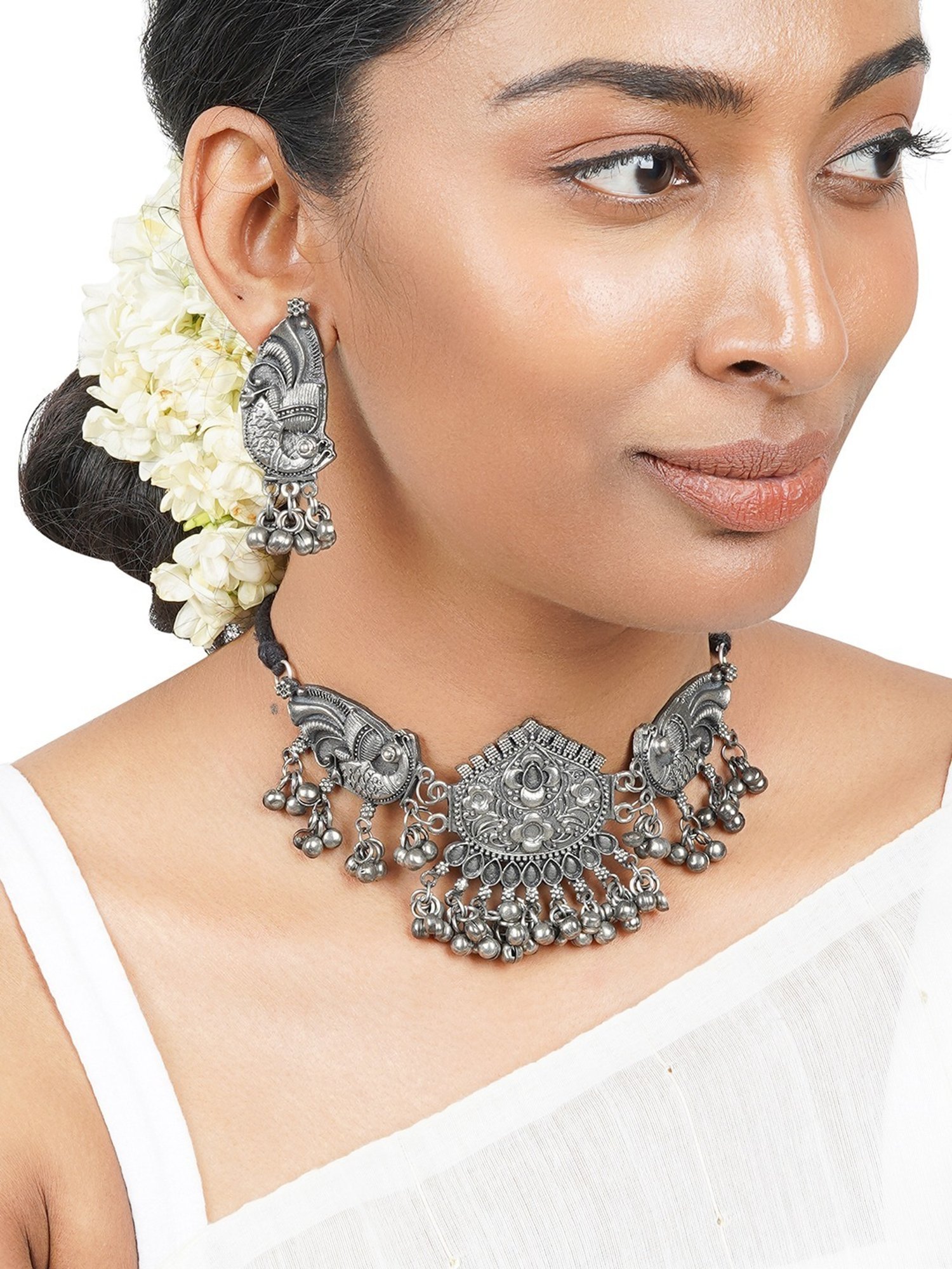 Teejh Ethnic Aarthi Silver Oxidized Necklace Set for Women