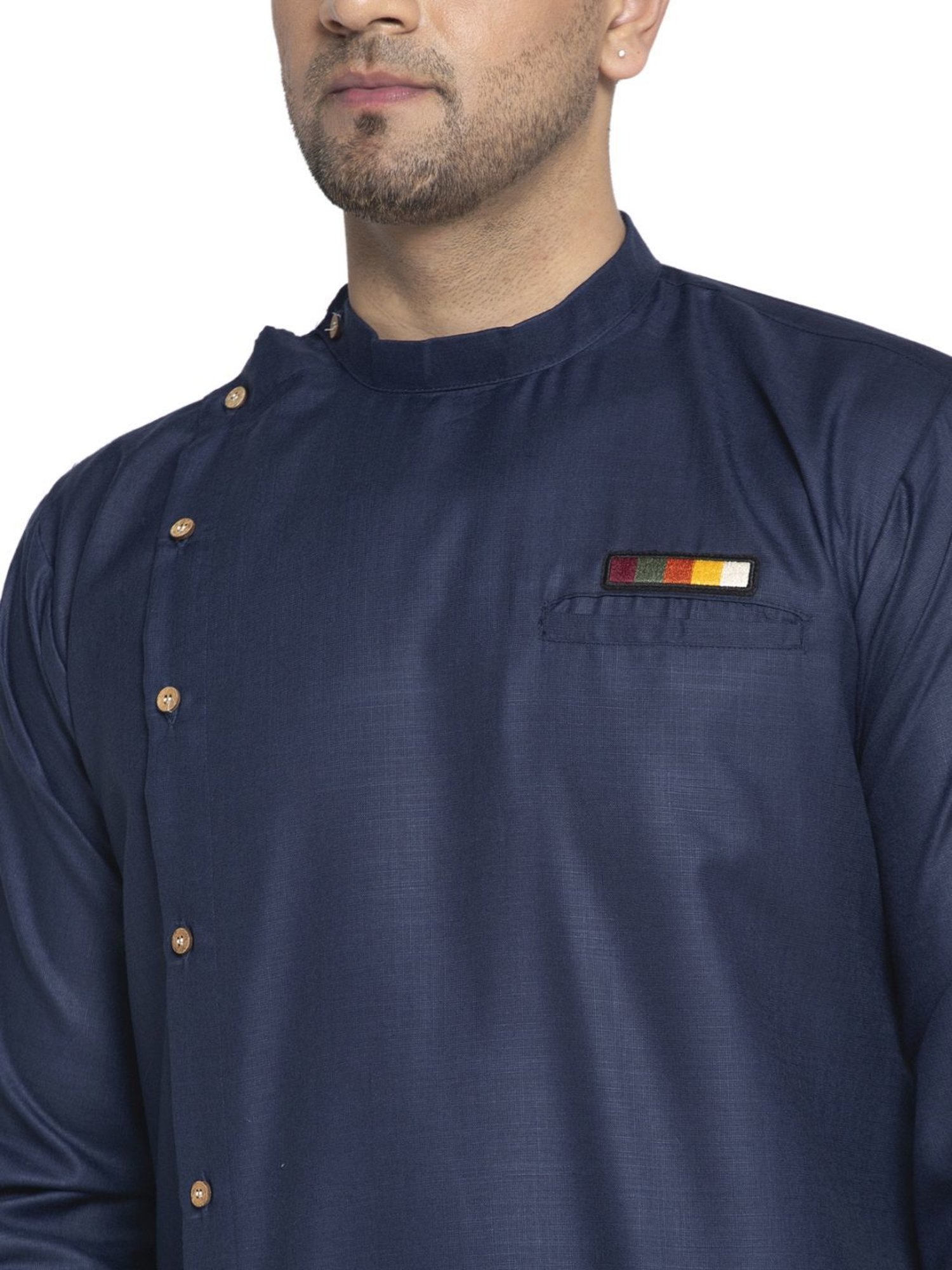 Benstoke Navy Blue & White Cotton Regular Fit Kurta Set