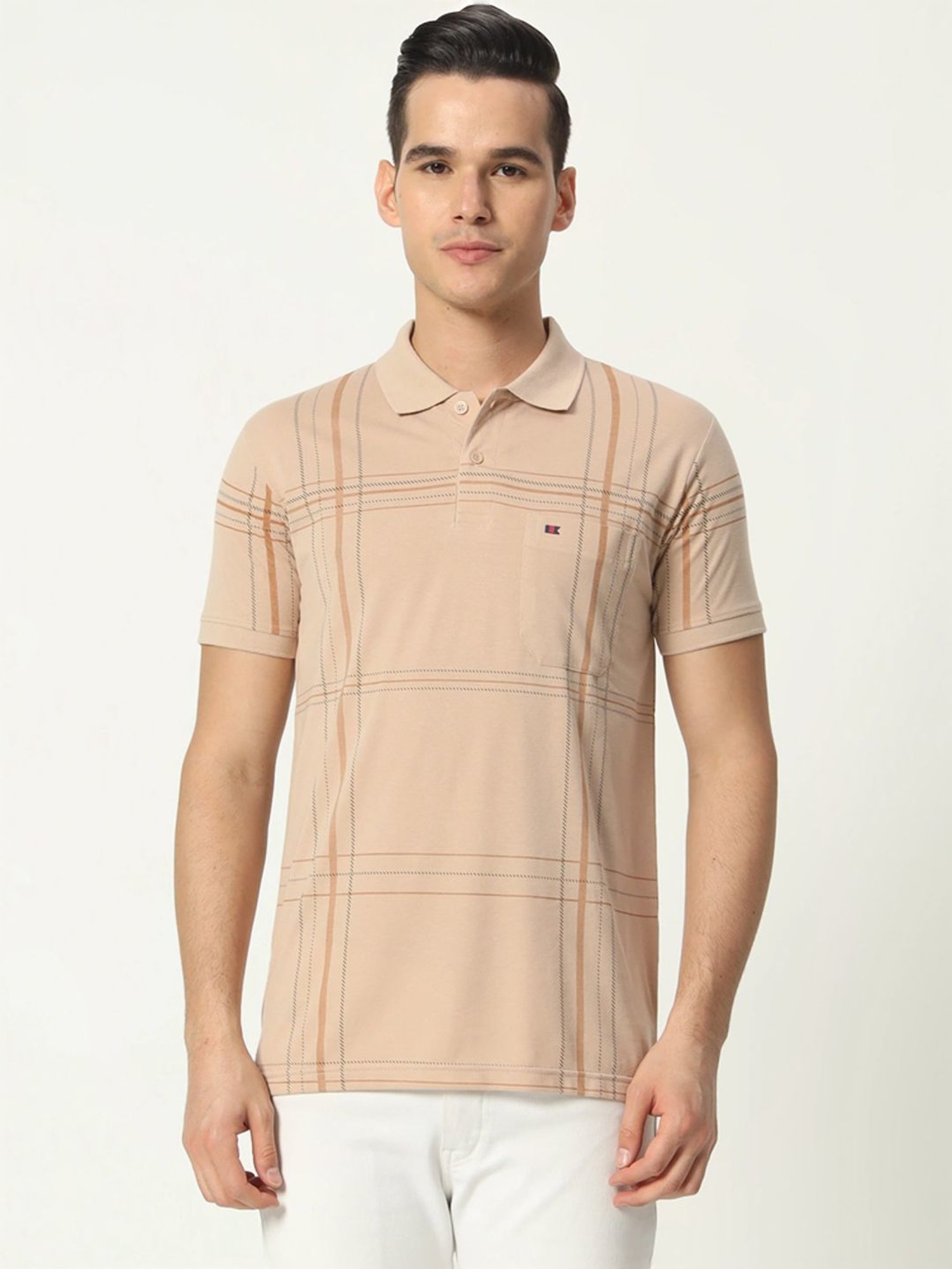 Tab91 Beige Regular Fit Checks Polo T-Shirts