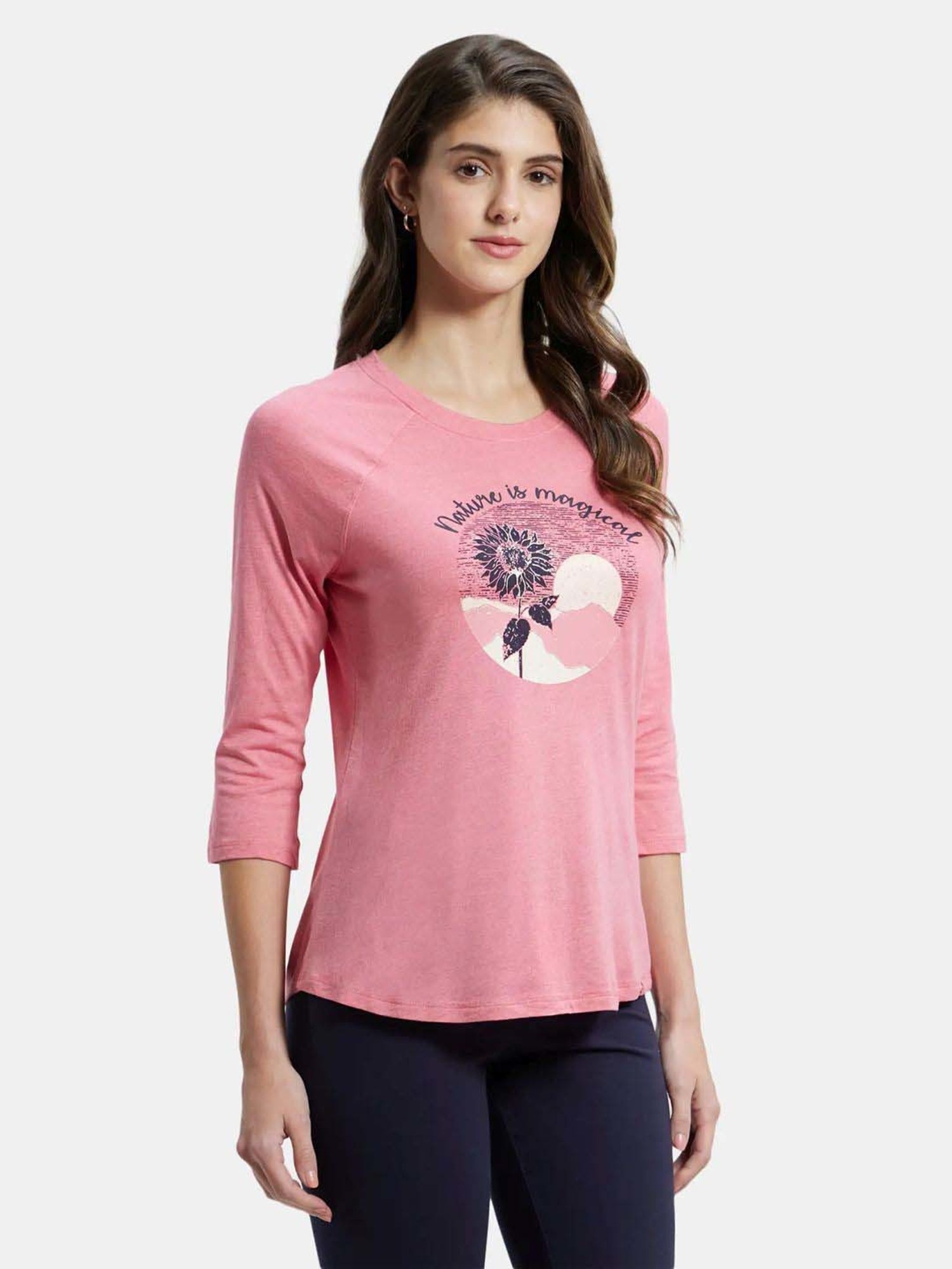 Jockey AW46 Women's Micro Modal Cotton Relaxed Fit Graphic Printed Three Quarter Sleeve T-Shirt