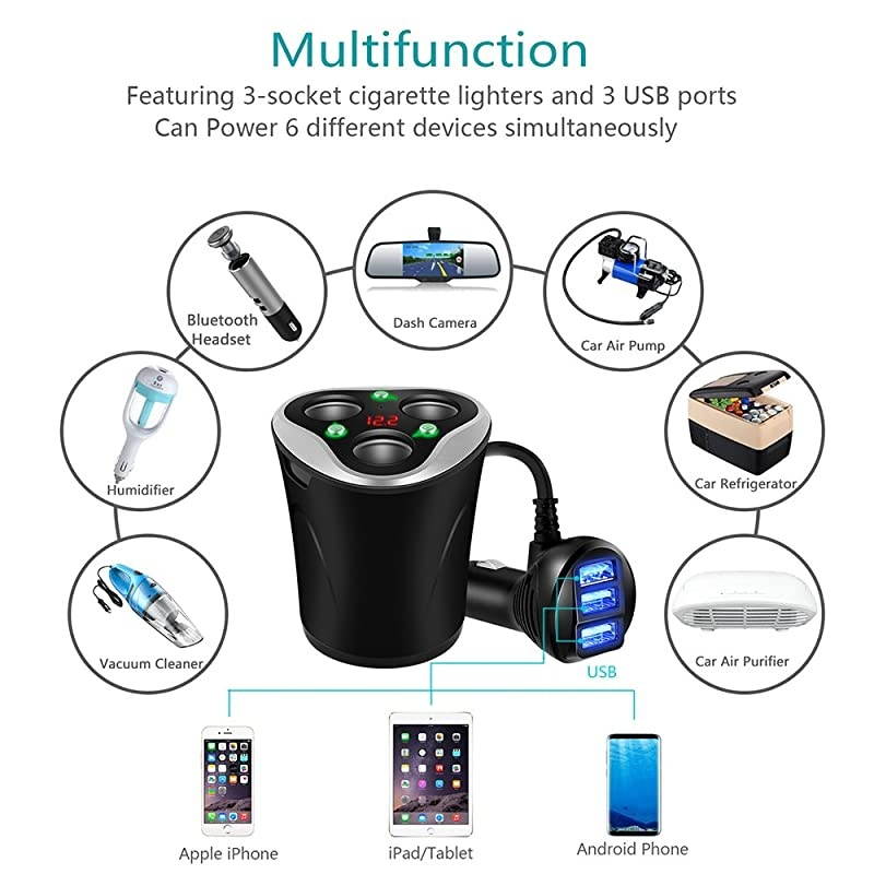3 Socket Cigarette Lighter Splitter Power Adapter + 3 USB Car Charger 120W 12V24V DC Outlet with Volt Meter OnOff Switch for Cell Phone GPS Dash Cam amp All Electronic Devices Black