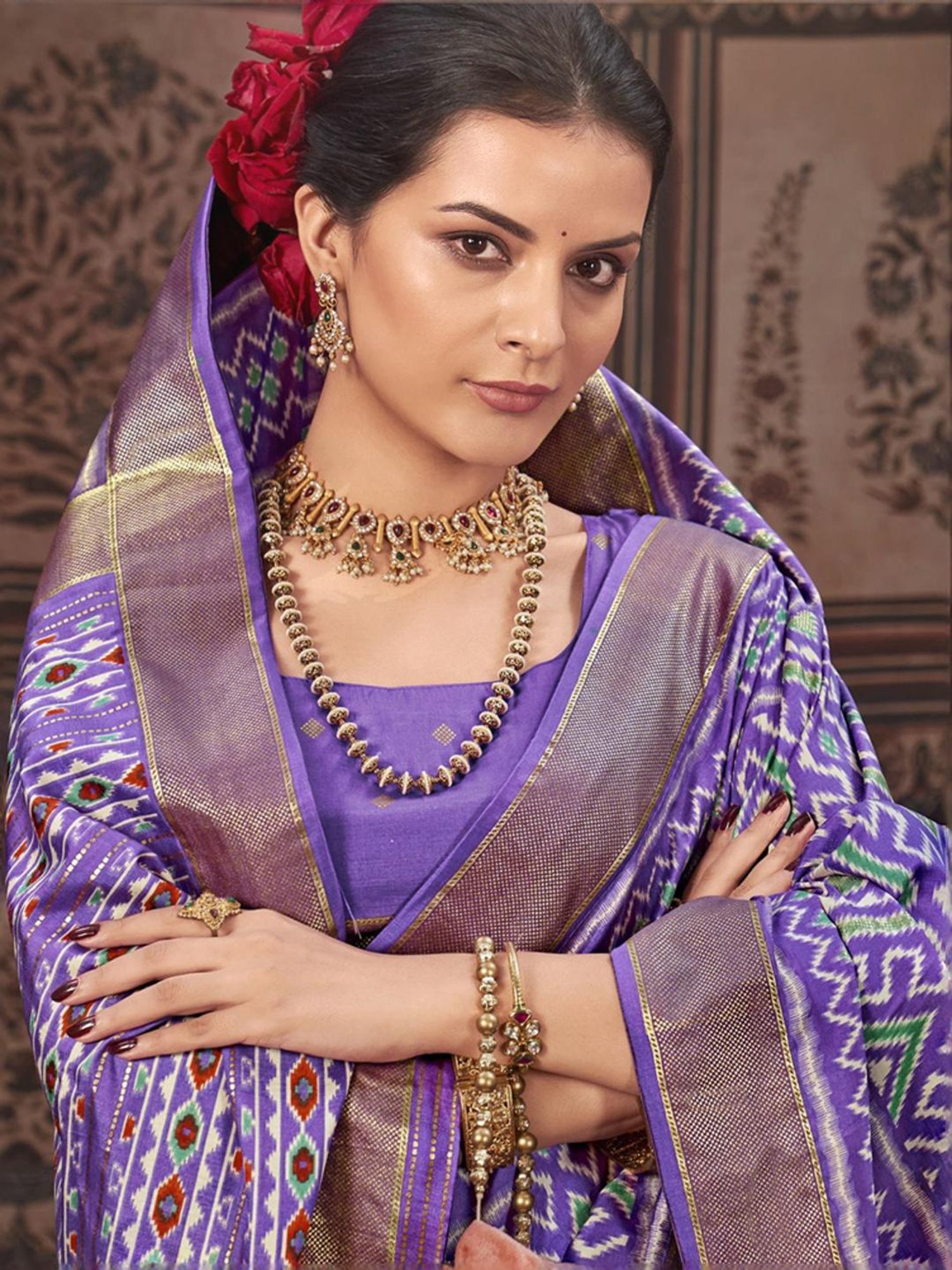 Satrani Purple Geometric Print Saree With Unstitched Blouse