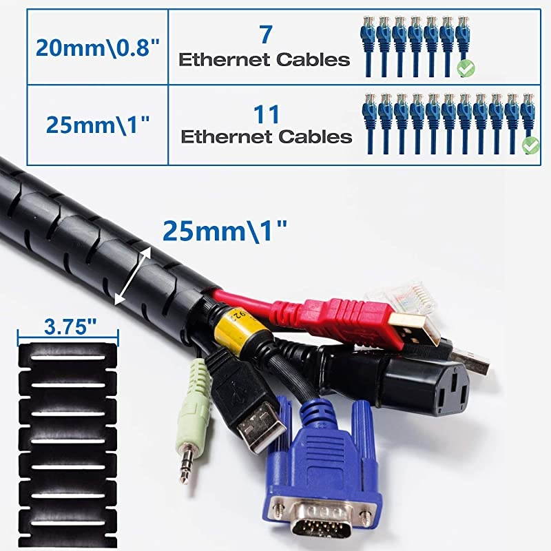 Cable Management Sleeve EZ Cord Bundler 1quot Diameter wZip Clip Cable Zipper Wire Wrap Cord Organizer Cable Tube Hider Flexible amp Expandable Home amp Office Wire Concealer for PC TV Computer Cinema
