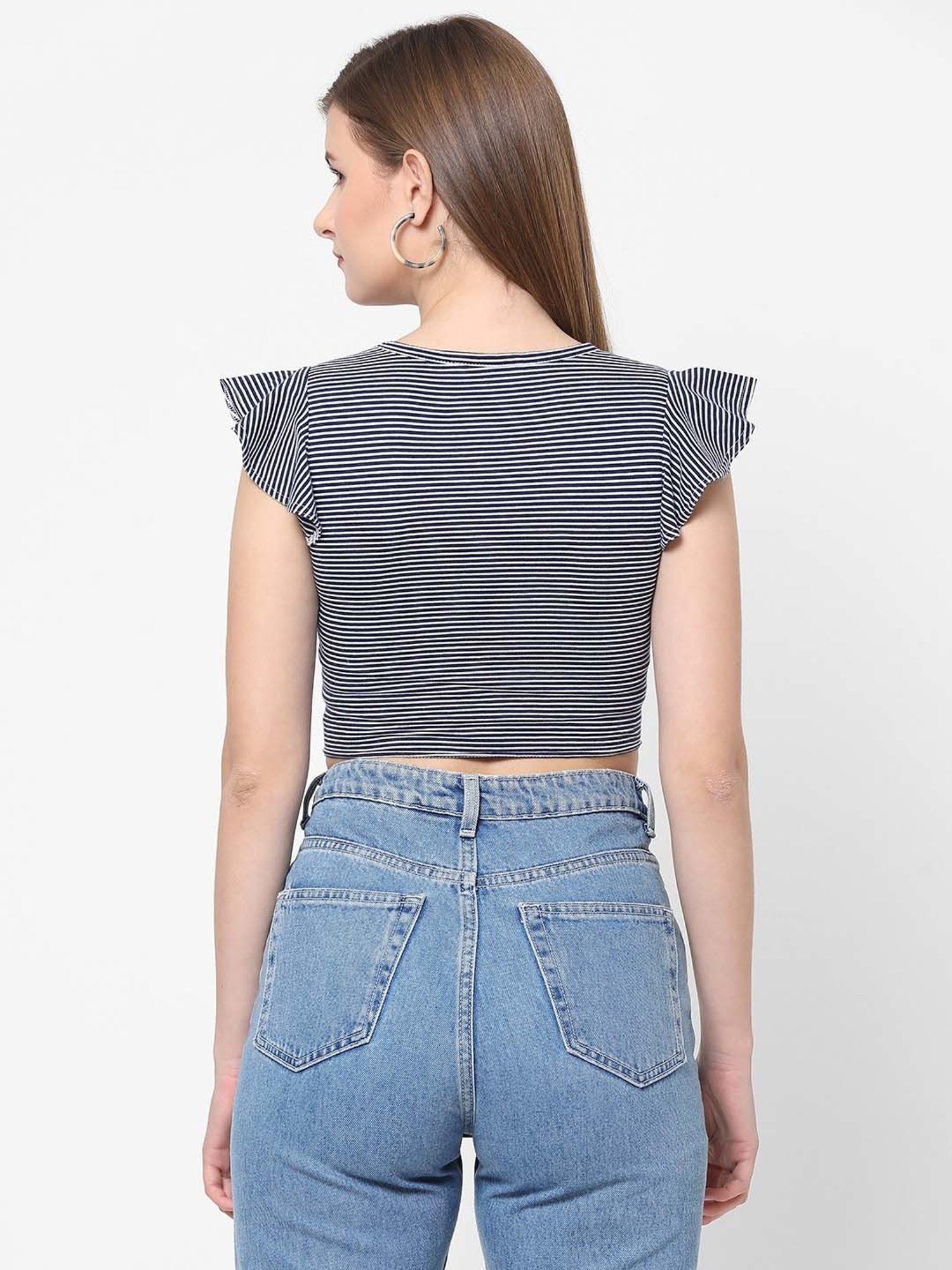 VASTRADO Navy Cotton Striped Crop Top