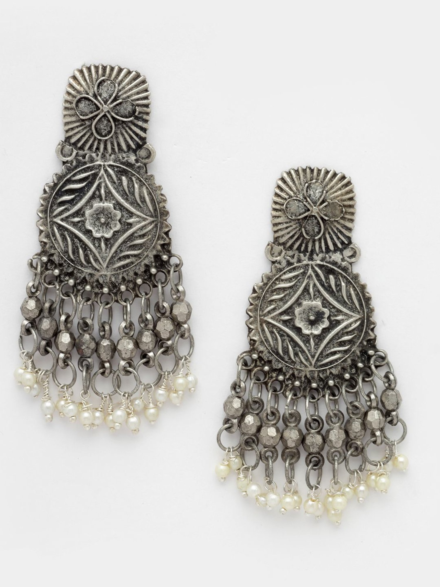 Moedbuille Ghungroo and Pearls Tasselled Design Oxidised Silver Handcrafted Antique Earrings