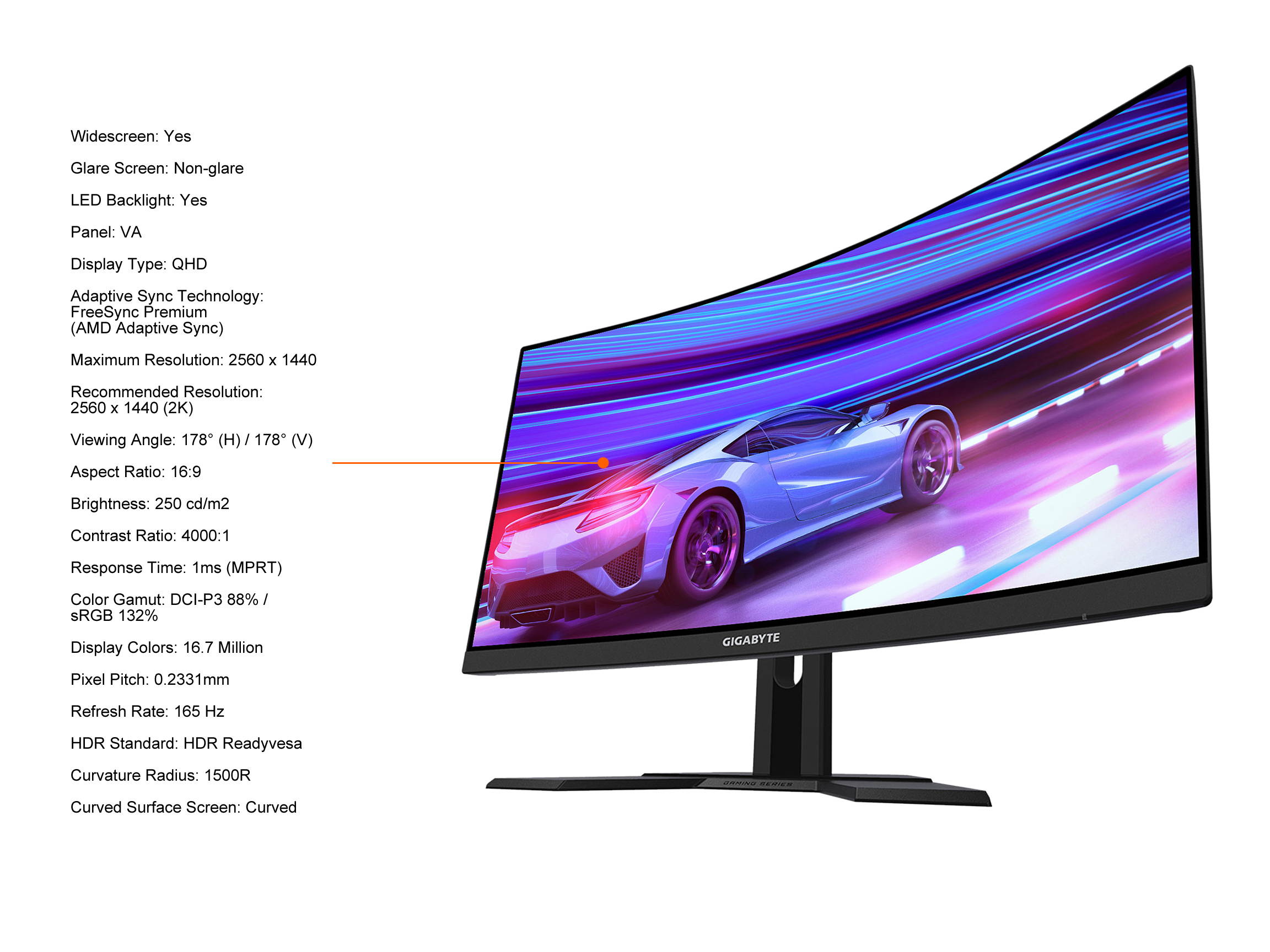 GIGABYTE G27QC A 27" 165Hz 2560 x 1440 1ms (MPRT) 88% DCI-P3, HDR Ready, FreeSync Premium, 1 x Display Port 1.2, 2 x HDMI 2.0, 2 x USB 3.0 Curved Gaming Monitor