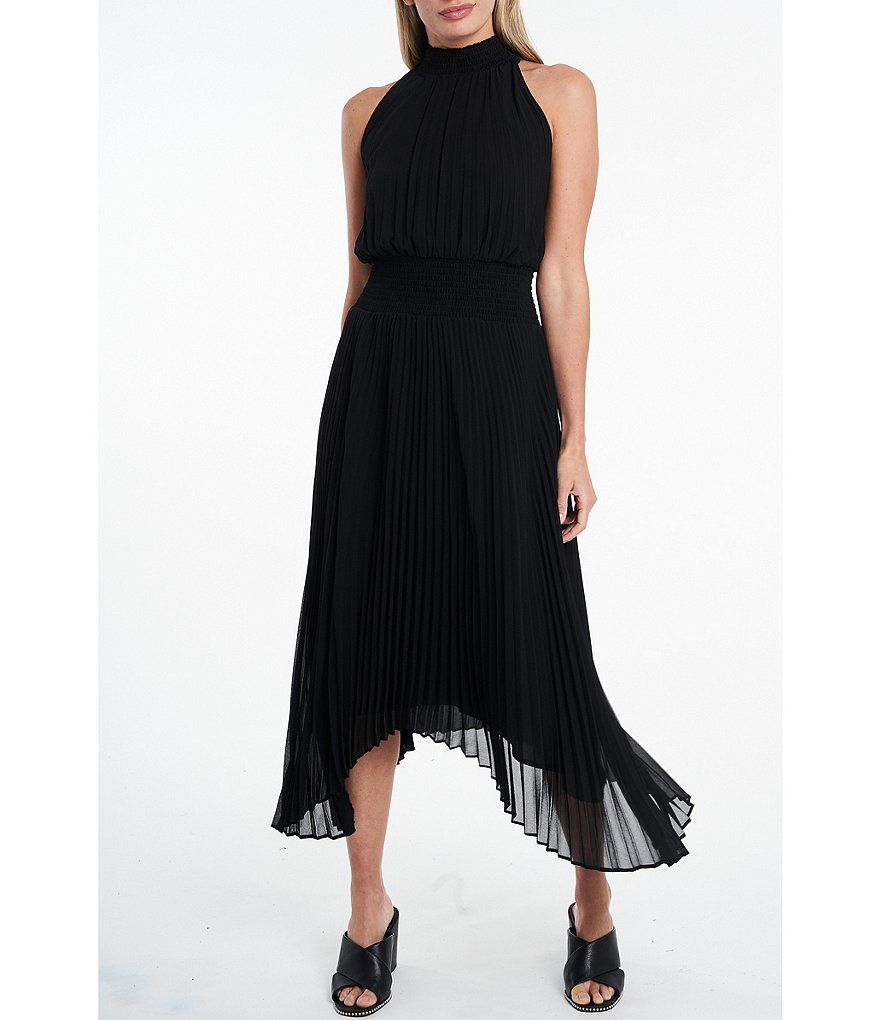 1. STATE Mock Neck Sleeveless Pleated Sharkbite Hem Midi Dress