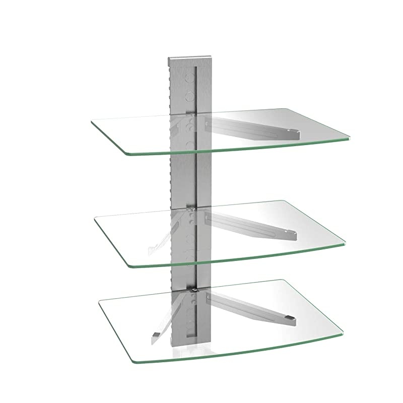 CS303S Floating Wall Mounted Shelf with Transparent Strengthened Tempered Glass for DVD Players, Cable Boxes, Games Consoles, TV Accessories, 3 Shelf, Silver