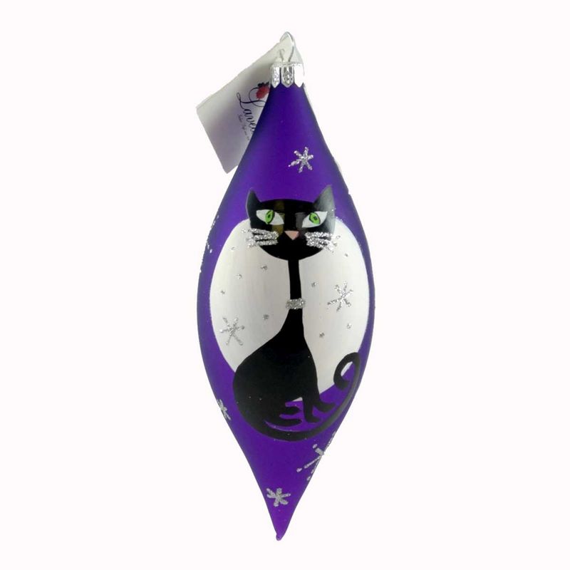 Laved Italian Ornaments Purple Drop With Black Cat Halloween Blown Glass  -  Tree Ornaments