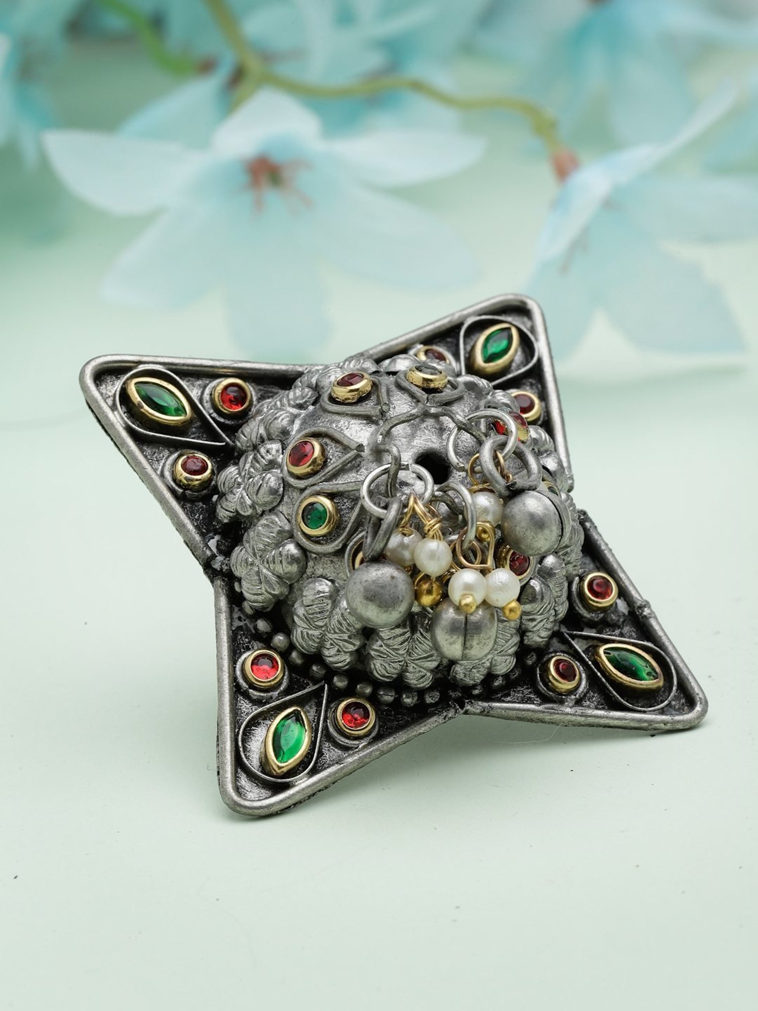 Moedbuille Stones Studded Antique Design Handcrafted Oxidised Silver Plated Finger Ring