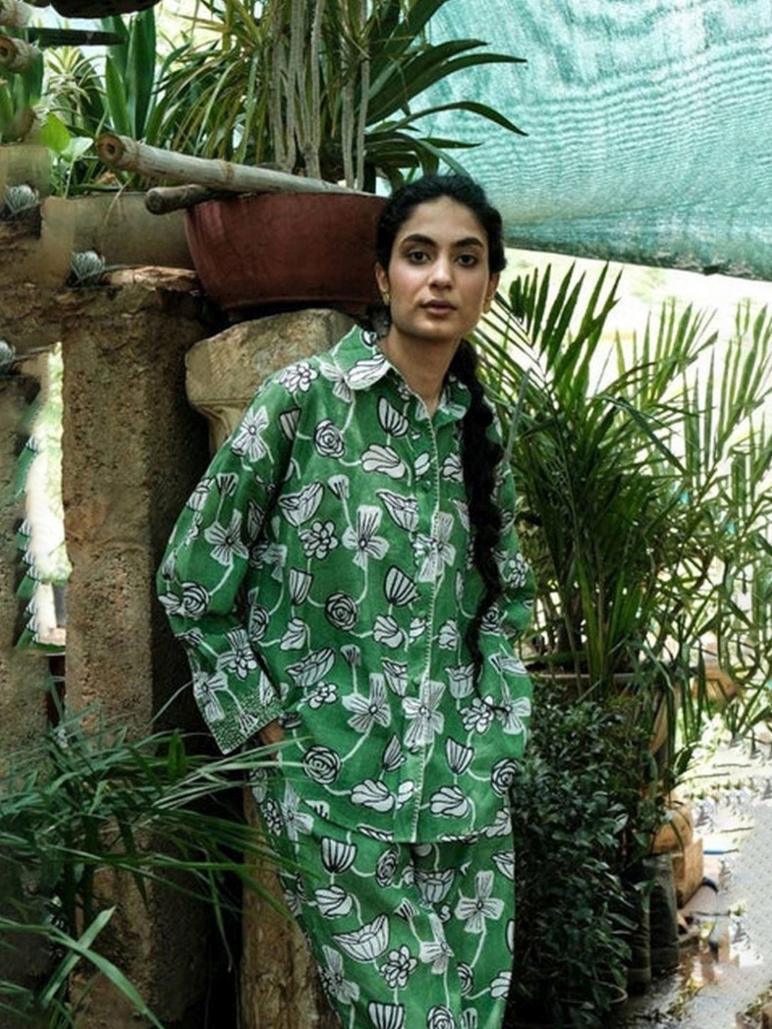 Khajoor Studio Fern Green Bageecha Botanical Vine Statement Shirt