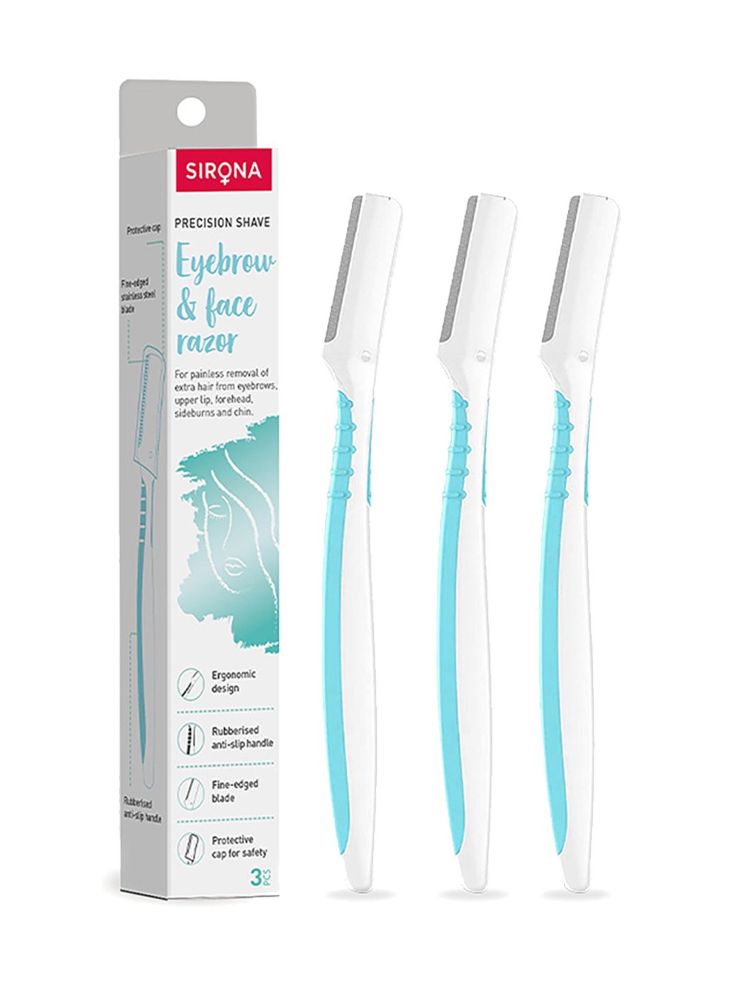 Sirona Precision Shave Eyebrow & Face Razor Turquoise White - Pack of 3