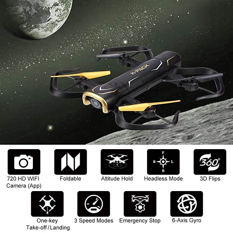 Foldable RC Drone XPack 5 Portable Quadcopter for Beginners and Kids 720P FPV WiFi Camera via App with Headless Mode Altitude Hold 3D Flips One Key TakeOffLanding and 1 Extra Battery