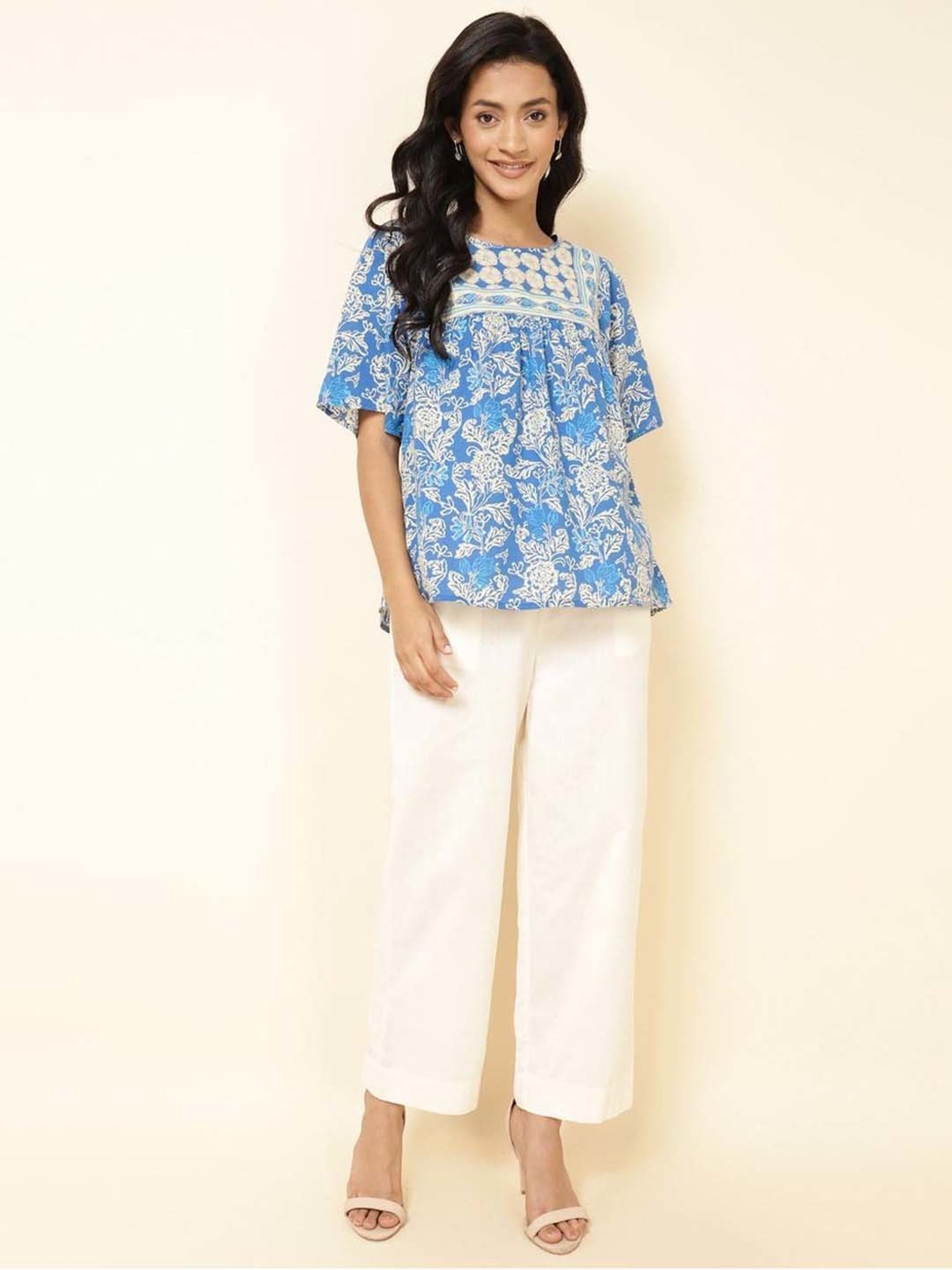 Fabindia Blue Cotton Printed Top