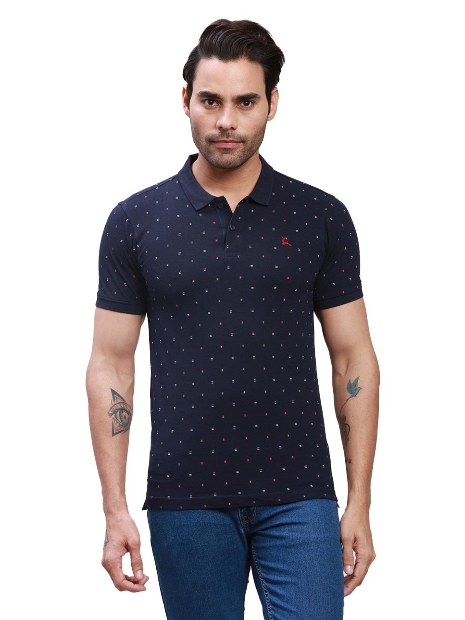 Parx Navy Cotton Regular Fit Printed Polo T-Shirt