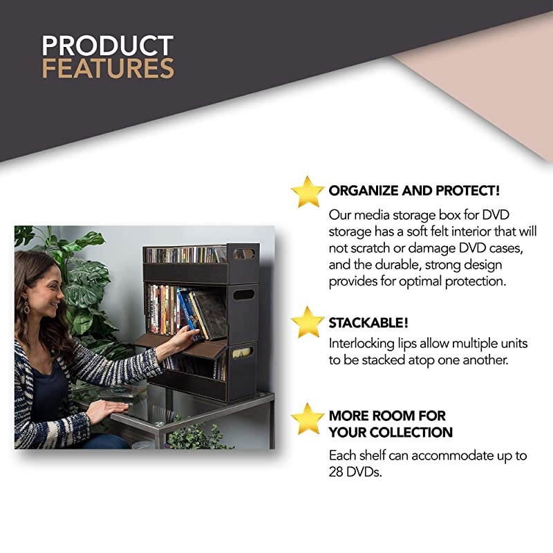 DVD Storage Box with Powerful Magnetic Opening DVD Tray Holds 28 DVD BluRay PS4 Video Games for Media Shelf Storage amp Organization