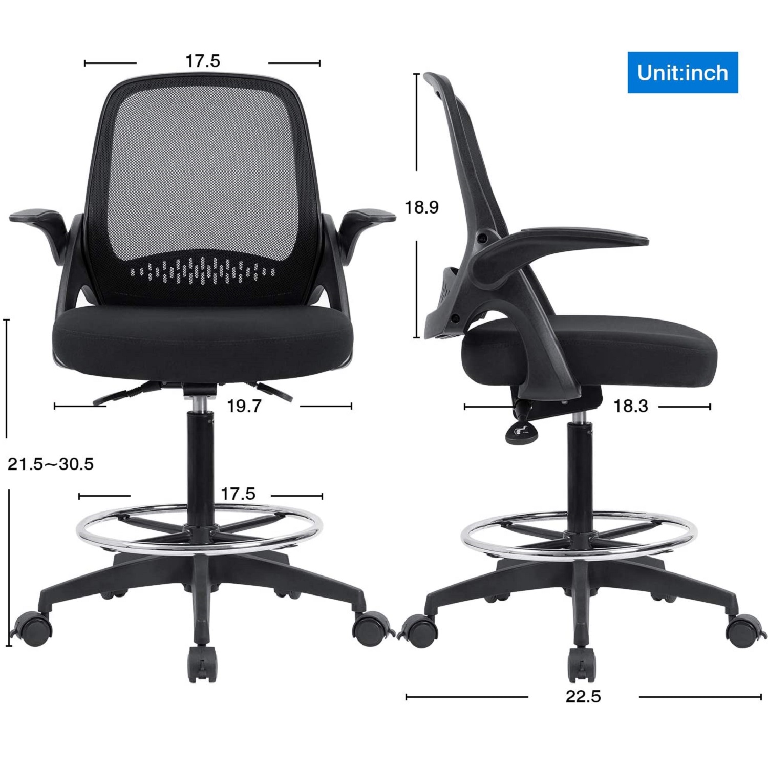 Devoko Drafting Chair with Flip-up Arms Tall Office Chair Executive Computer Standing Desk Chair with Lockable Wheel and Adjustable Footrest Ring (Black)