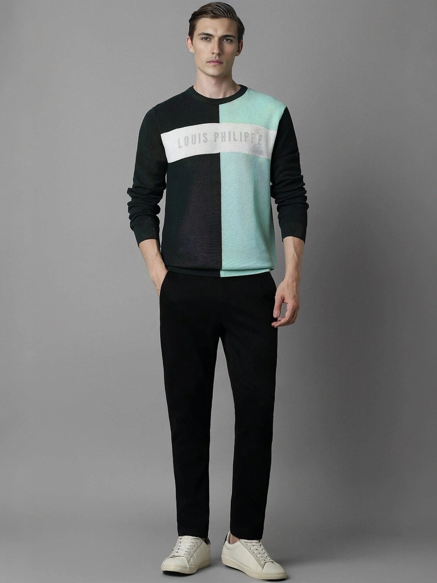 Louis Philippe Green Cotton Regular Fit Printed Sweater