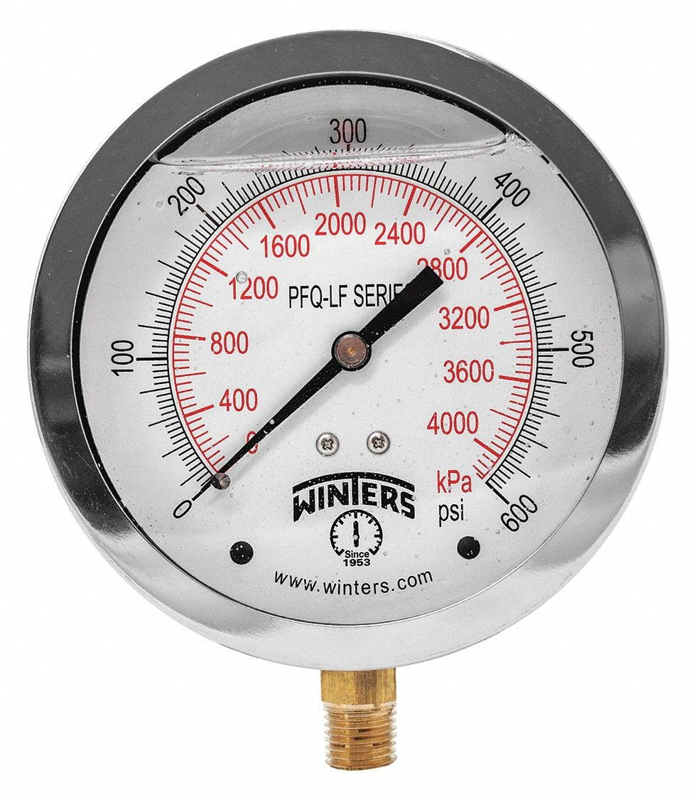 WINTERS PFQ716LF Gauge,Pressure,4in.,0 to 600 psi