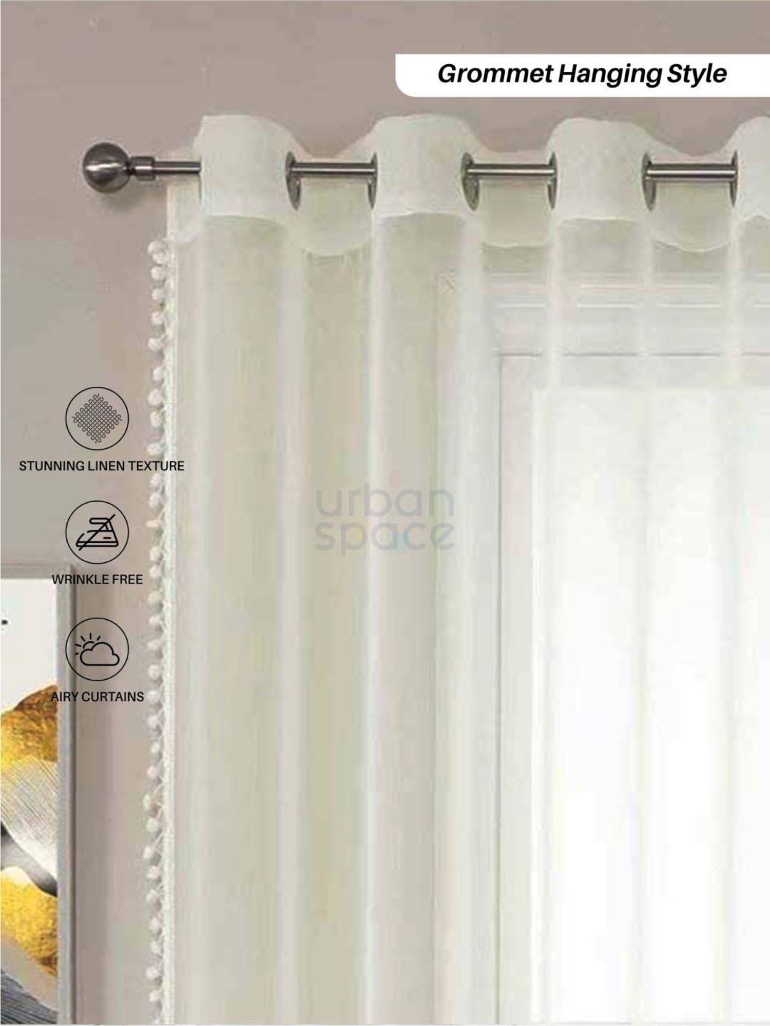 Urban Space Cream Polyester Door Curtain With Tieback & Eyelet - Set of 2