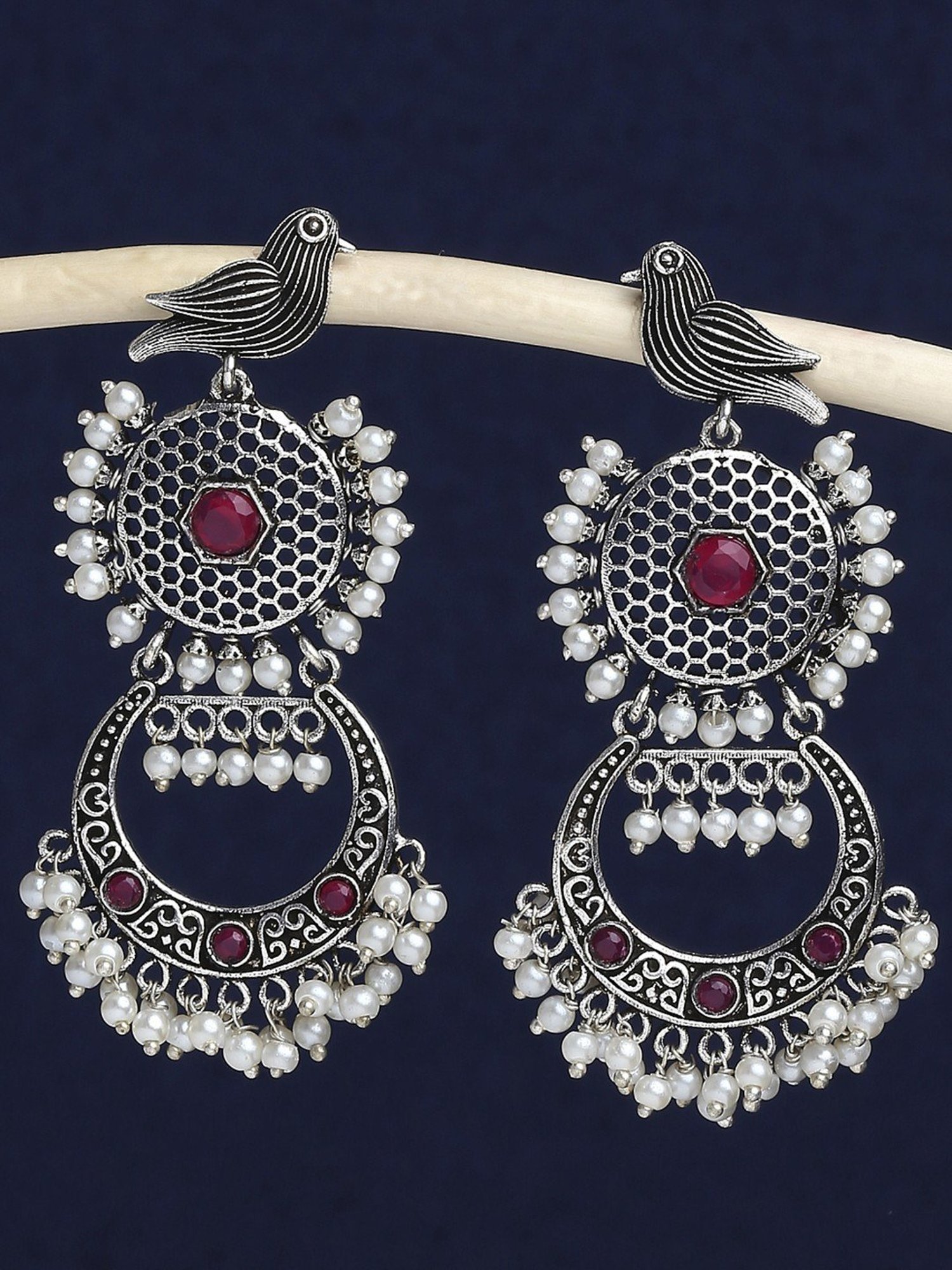 Oomph Oxidized Silver Look Alike Bird Design Maroon Stone Pearls Ethnic Dangler Earrings