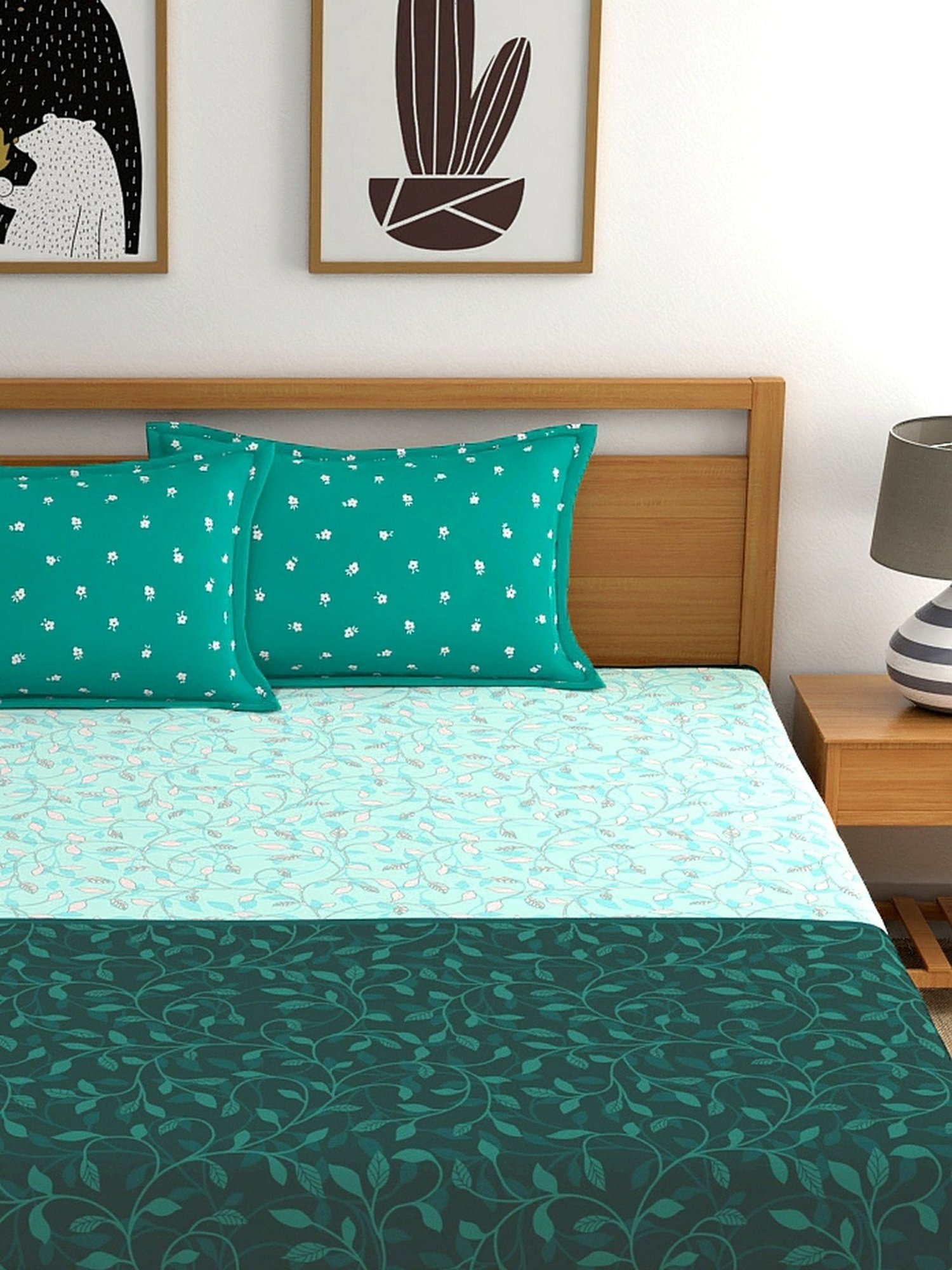 My Room Floral Teal Green 140 TC Cotton Queen Bed Sheet with 2 Pillow Covers