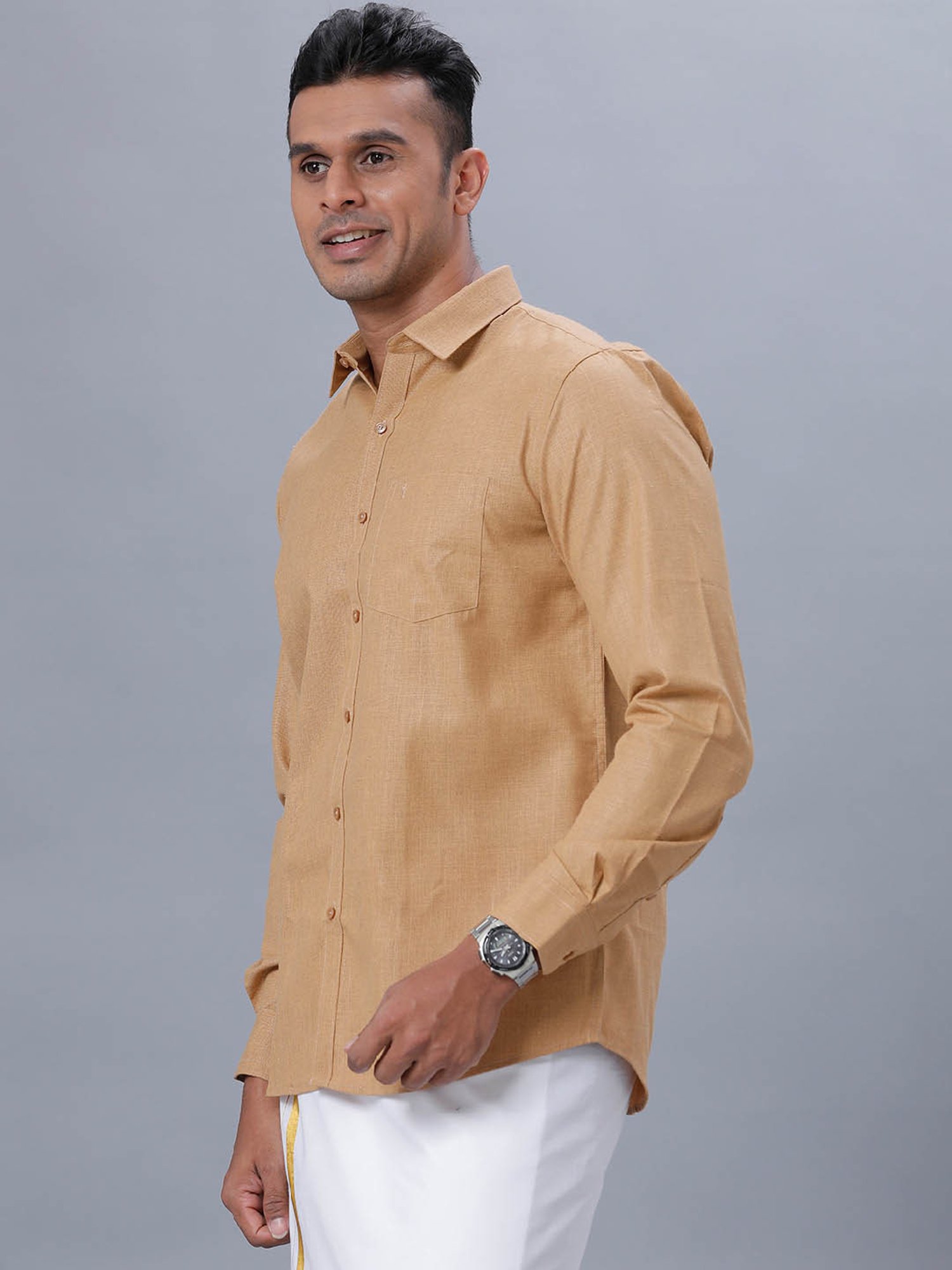 Ramraj Dark Mustard Cotton Regular Fit Shirt