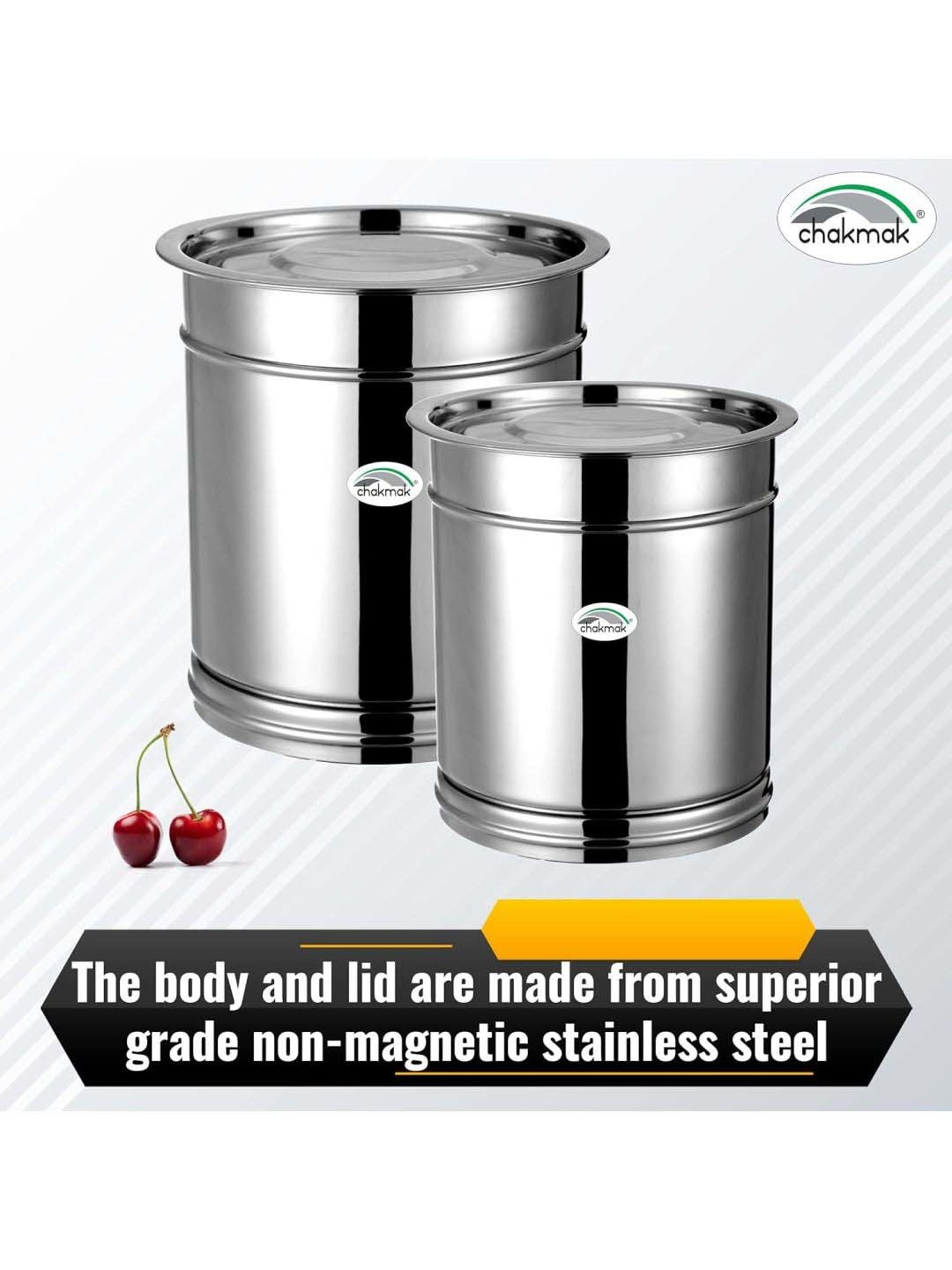 Chakmak Silver Stainless Steel Pawali Plain With Lid - Set of 2