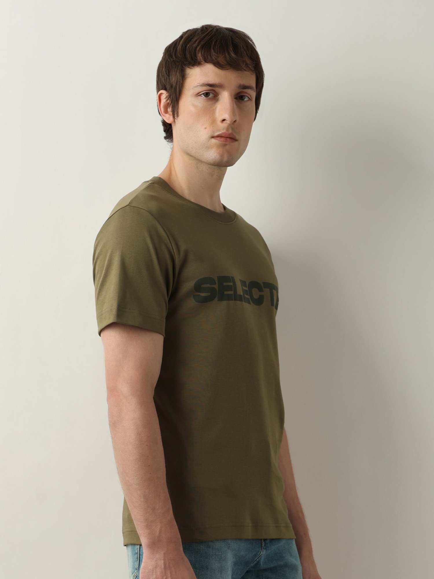 SELECTED HOMME Burnt Olive Slim Fit Logo Print Cotton Crew T-Shirt