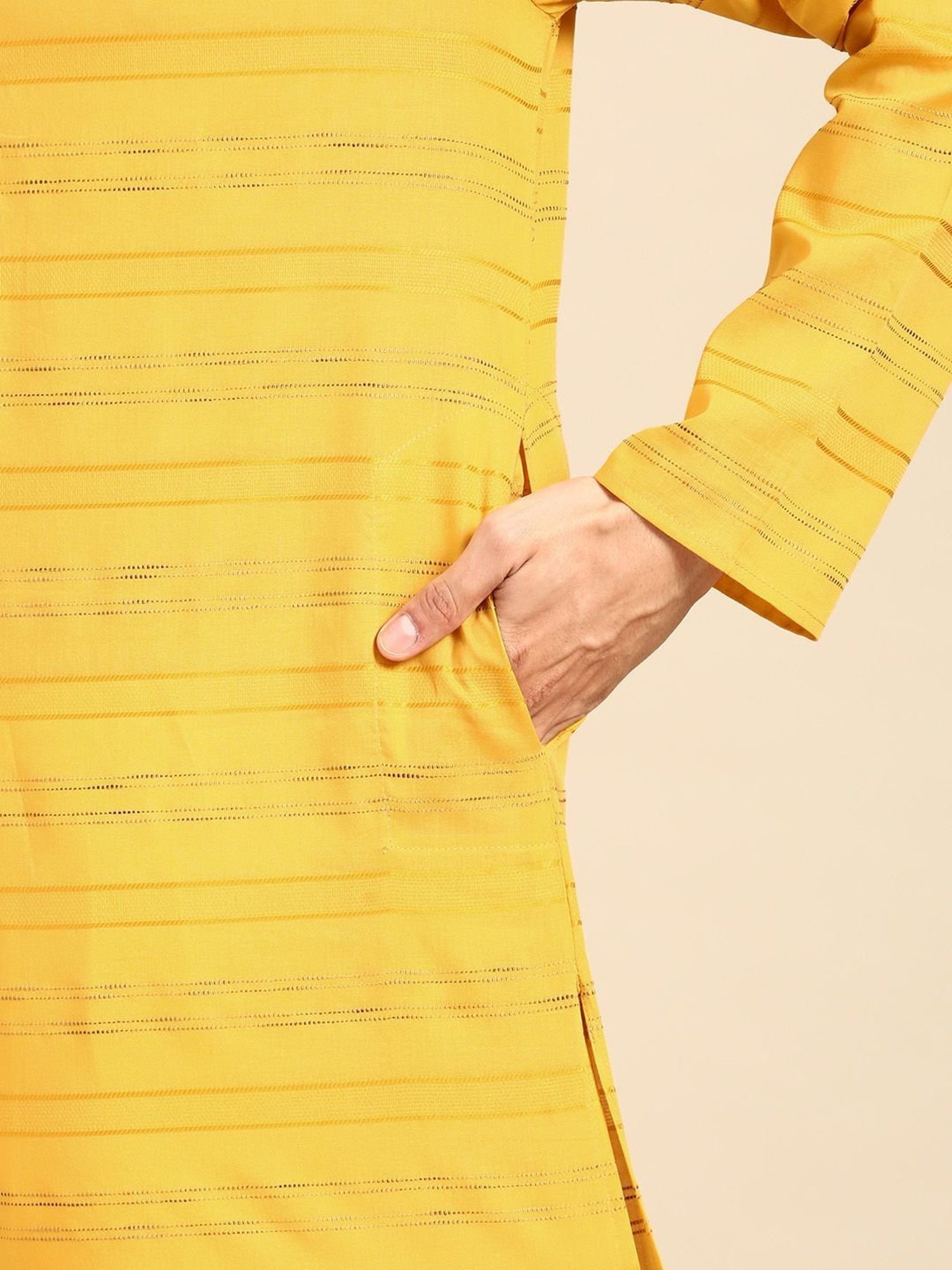 ManQ Yellow & White Pure Cotton Regular Fit Striped Kurta Bottom Set