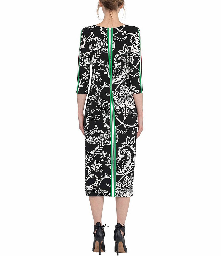 Eva Varro Boat Neck 3/4 Sleeve Placement Stripe Paisley Print Knit Side Slit Midi Dress