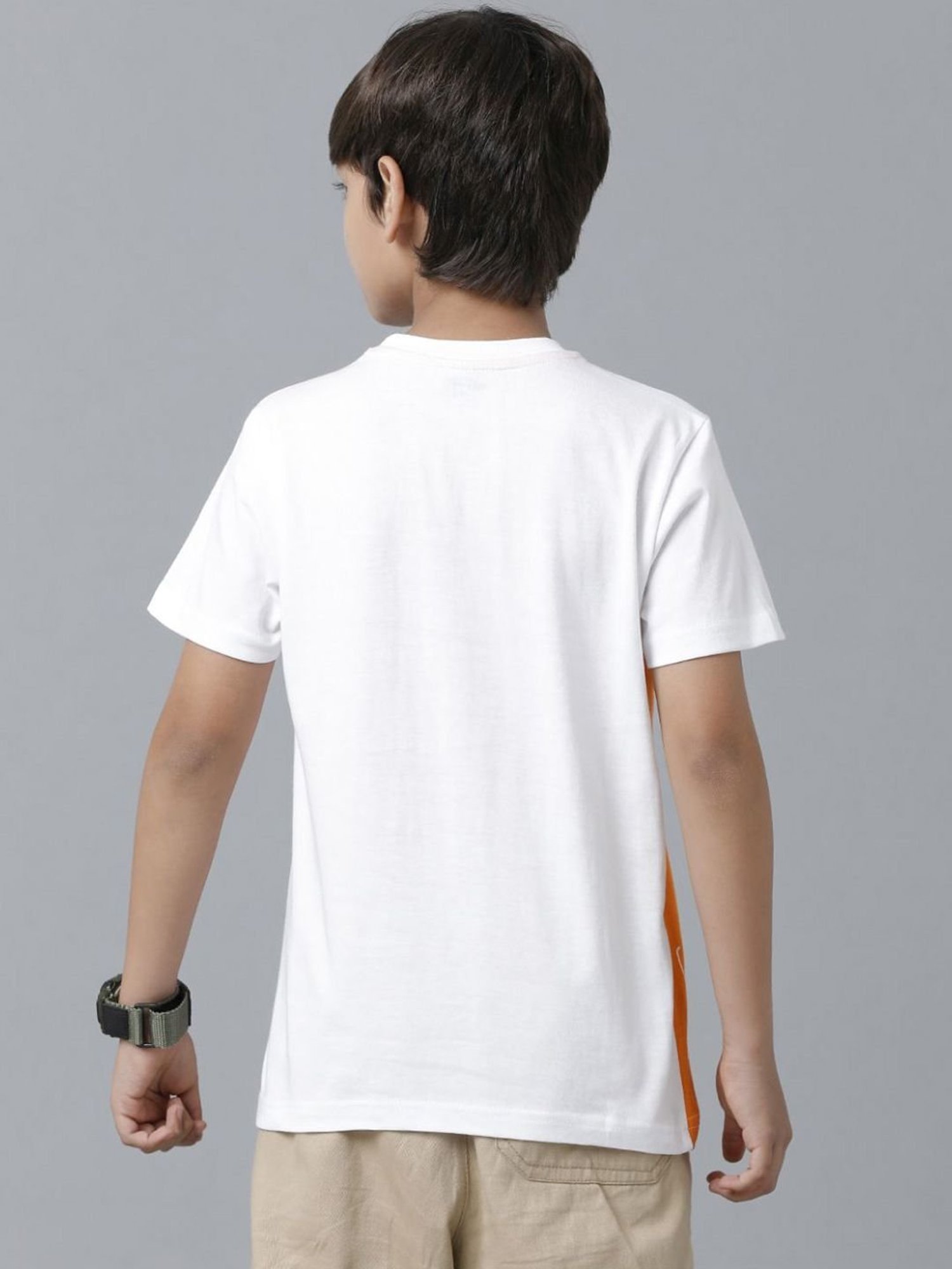 Under Fourteen Only Kids White & Orange Cotton Color Block T-Shirt